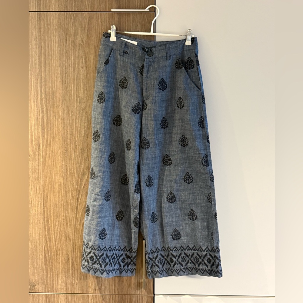 Zara Wide Leg Embroidered Gray Pants